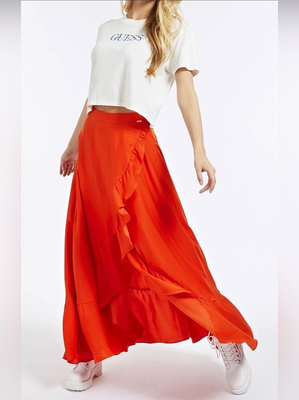 Guess Orange High-Low Ruffle Wrap Skirt - Picture 2 of 6